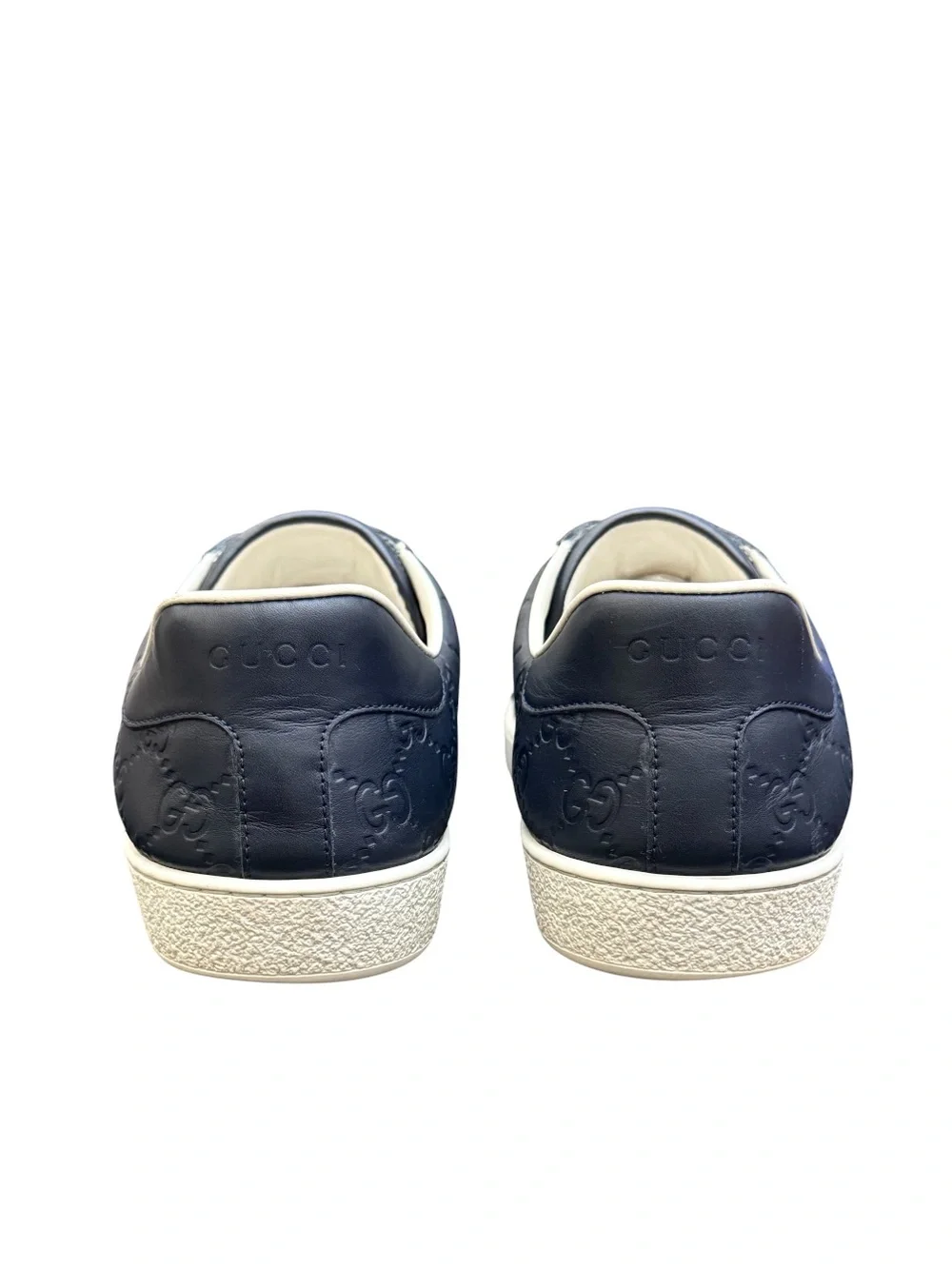 GUCCI - NAVY BLUE ALL LEATHER EMBOSSED MONOGRAM “ACE GG SUPREME” SNEAKERS